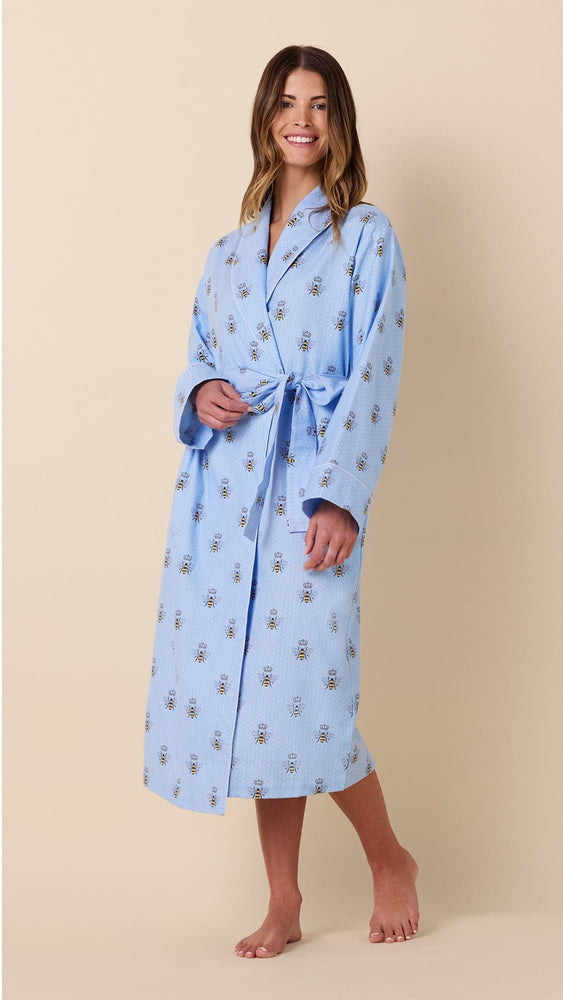 Queen Bee Flannel Shawl Collar Robe - Blue Extra Blue