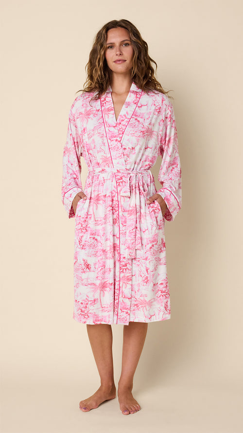 Palm Grove Toile Pima Knit Kimono Robe Main White