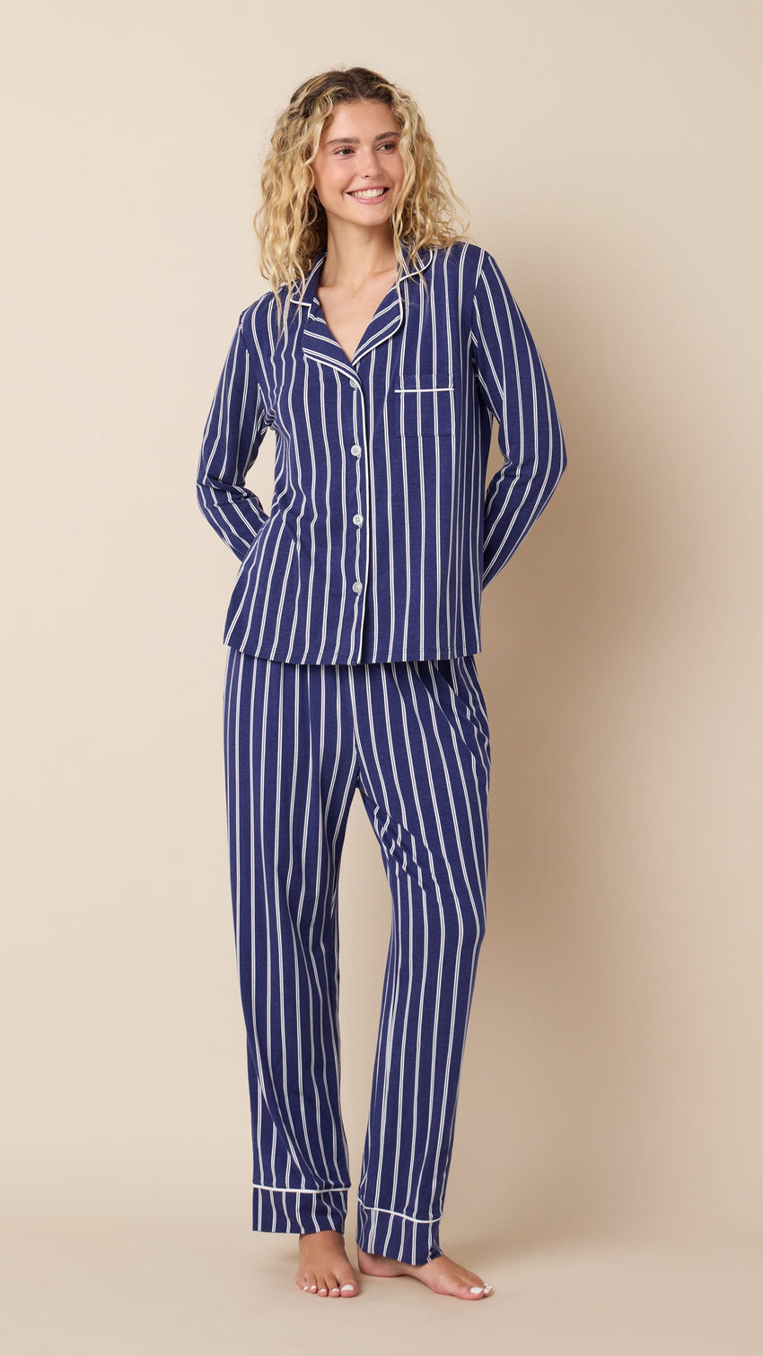 Heritage Stripe Pima Knit Long-Sleeved Pajama - Navy Hover Navy
