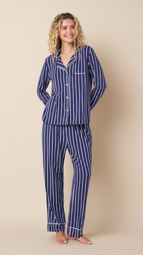 Heritage Stripe Pima Knit Long-Sleeved Pajama - Navy Hover Navy