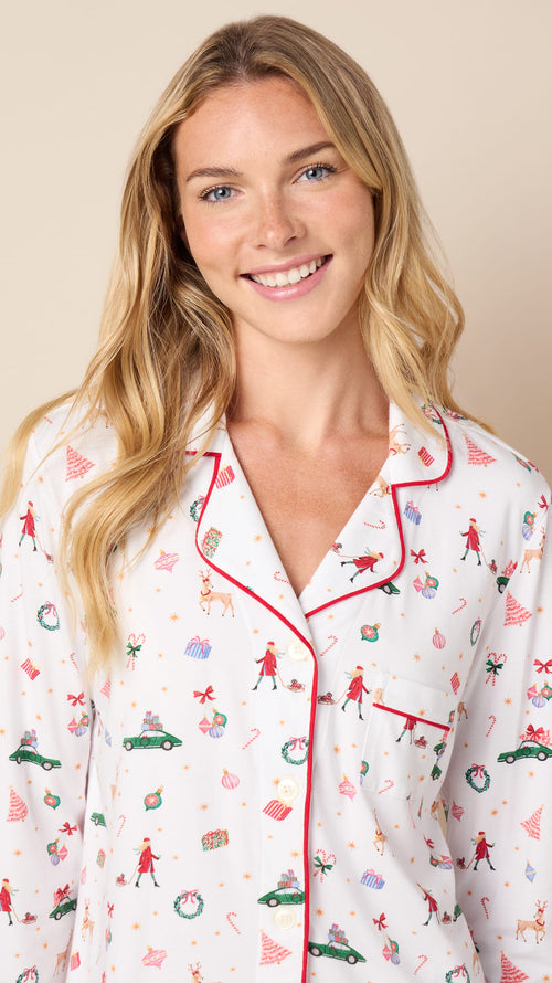 A Merry Little Stroll Pima Knit Long-Sleeved Pajama Wide White