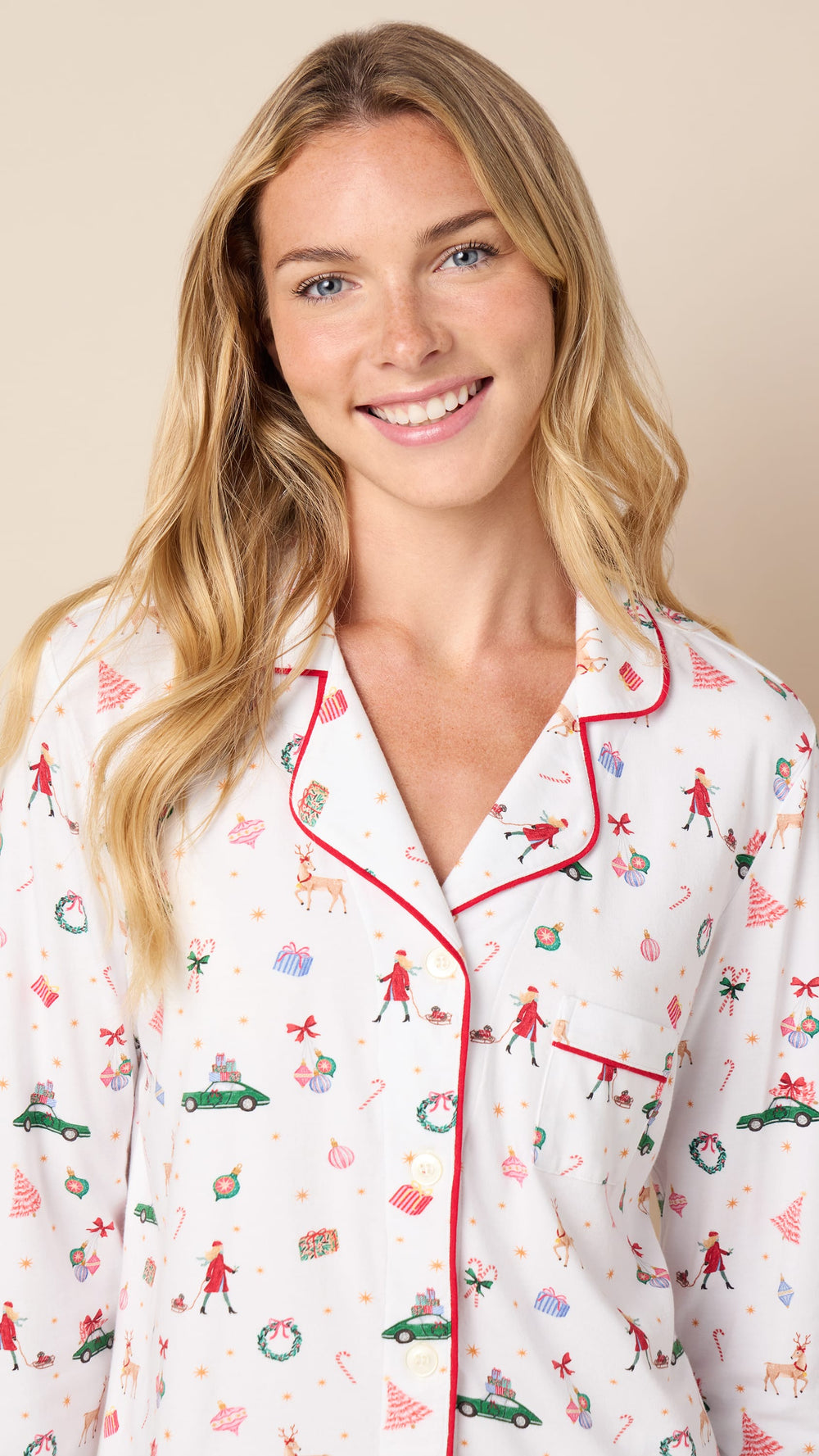 A Merry Little Stroll Pima Knit Long-Sleeved Pajama Wide White
