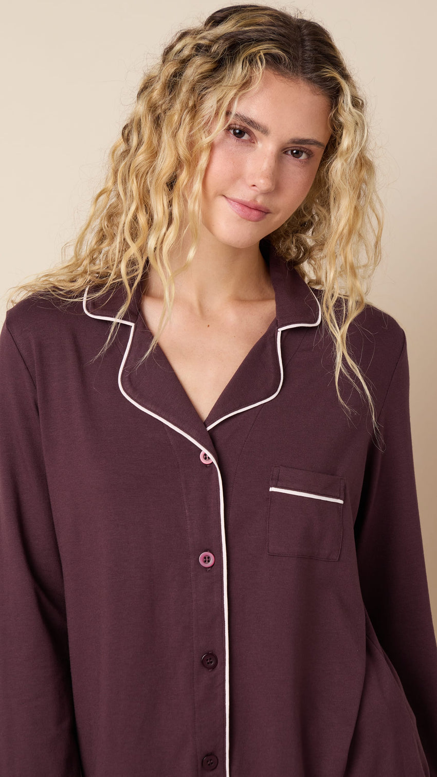 Classic Pima Knit Long-Sleeved Pajama - Chocolate Cherry Wide Brown