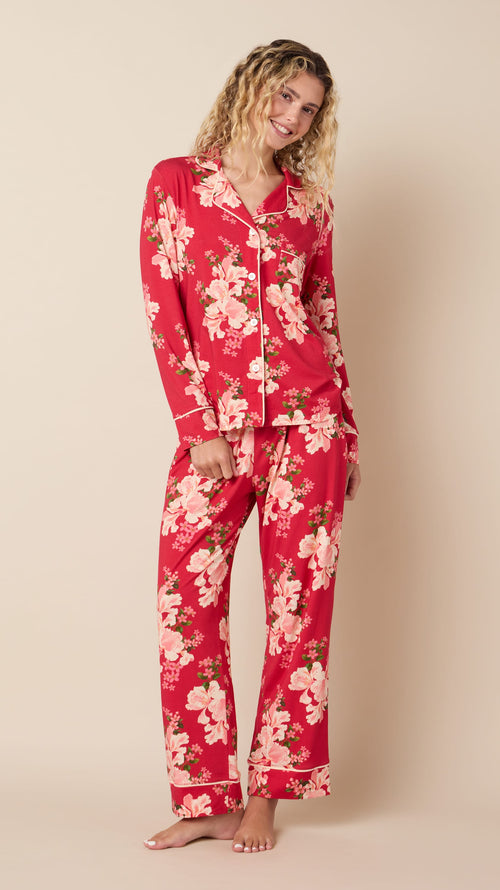 Fete Florale Pima Knit Long-Sleeved Pajama Hover Red