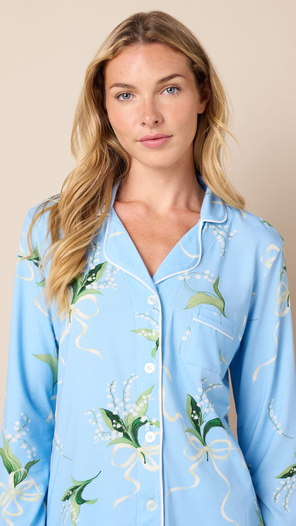 Bouquet & Bow Pima Knit Long-Sleeved Pajama Wide Blue
