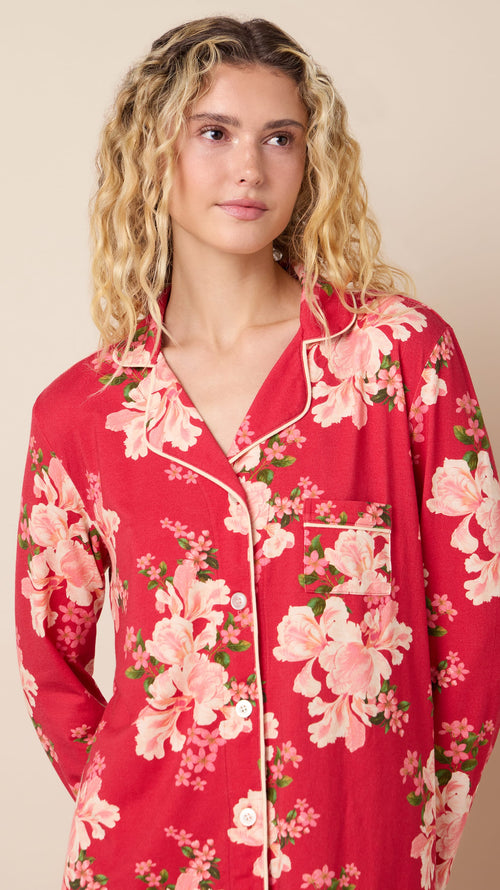 Fete Florale Pima Knit Long-Sleeved Pajama Wide Red