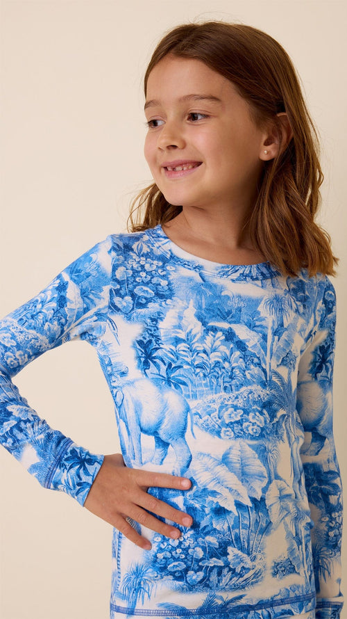 Palm Grove Toile Kids Pima Knit Pajama - Blue Extra Blue