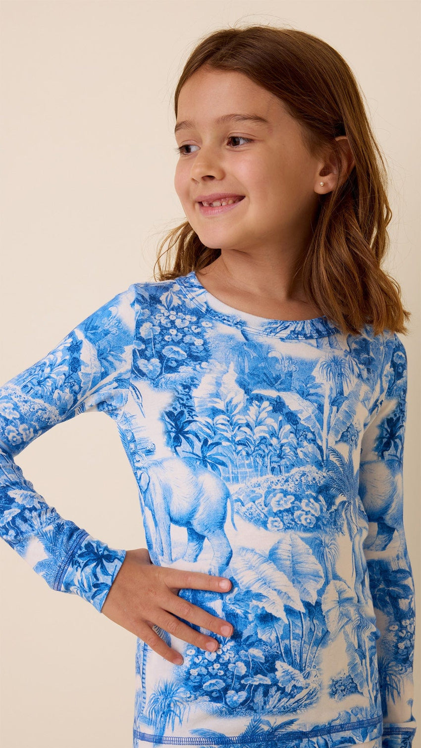 Palm Grove Toile Kids Pima Knit Pajama - Blue Extra Blue