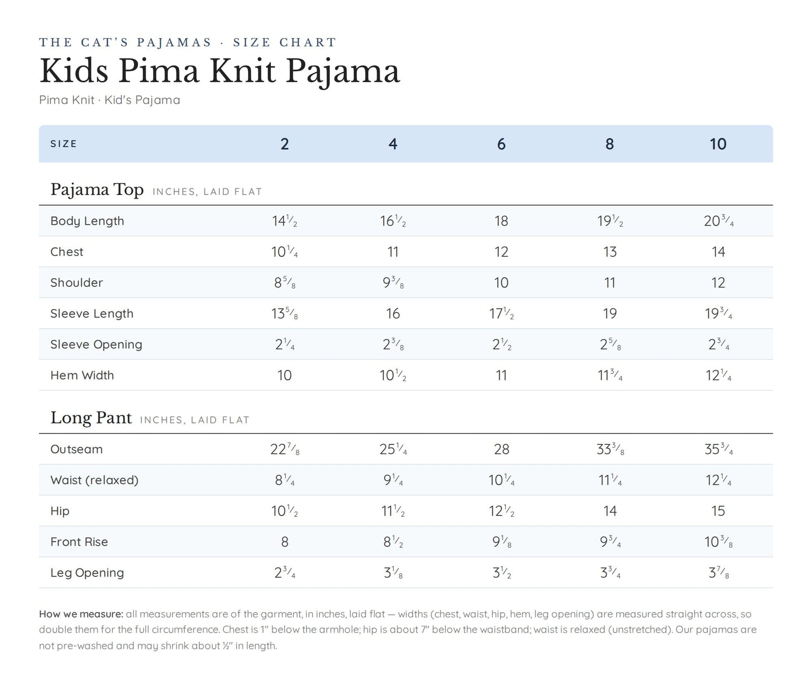 Size chart for Woodside Pima Knit Kids Pajama