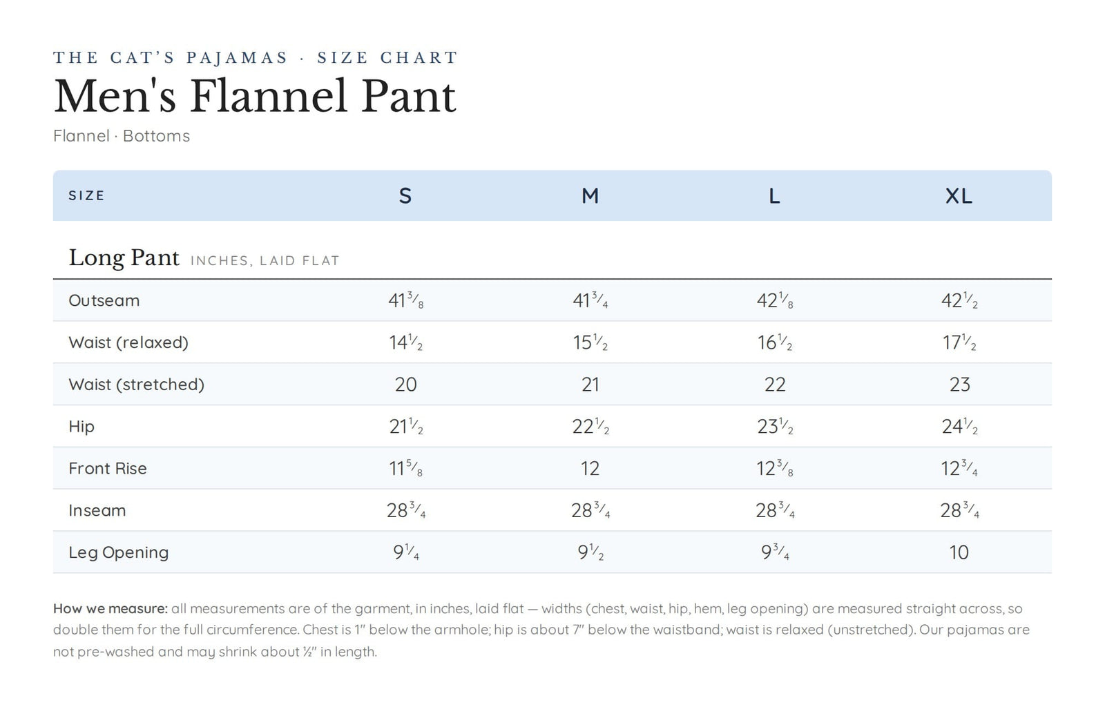Size chart for Bar Harbor Men's Pima Flannel Pant