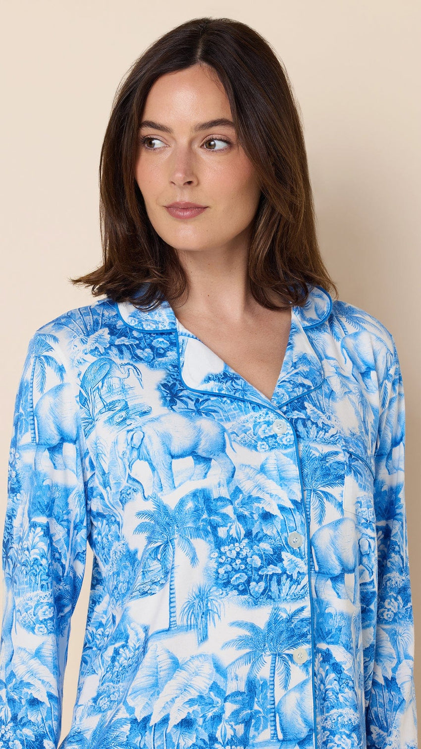 Palm Grove Toile Pima Knit Long-Sleeved Short Set - Blue Wide Blue