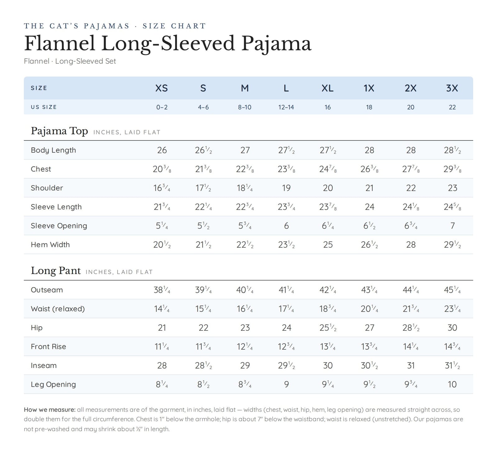 Size chart for Queen Bee Flannel Pajama - Pink