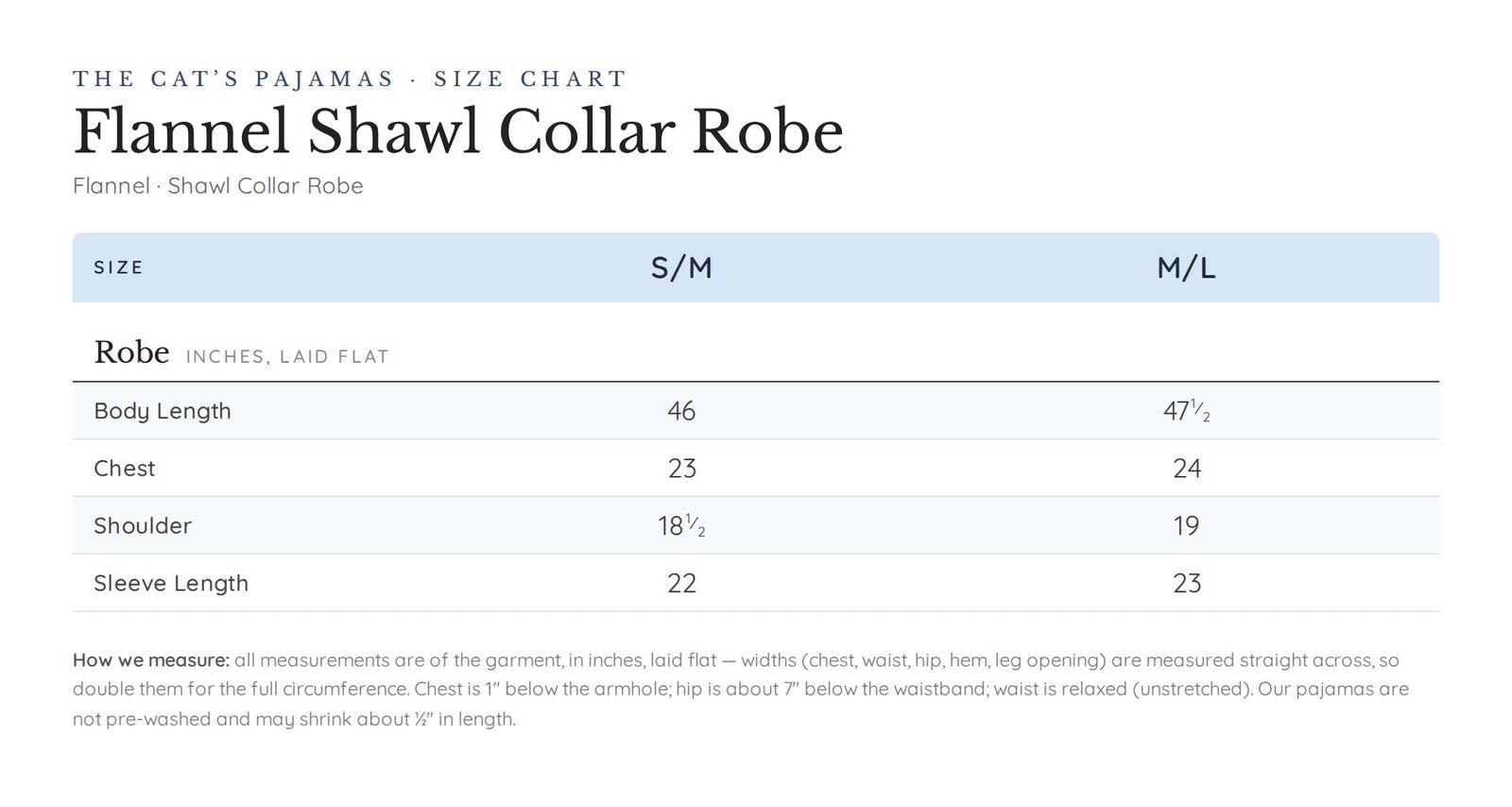 Size chart for Queen Bee Flannel Shawl Collar Robe - Blue