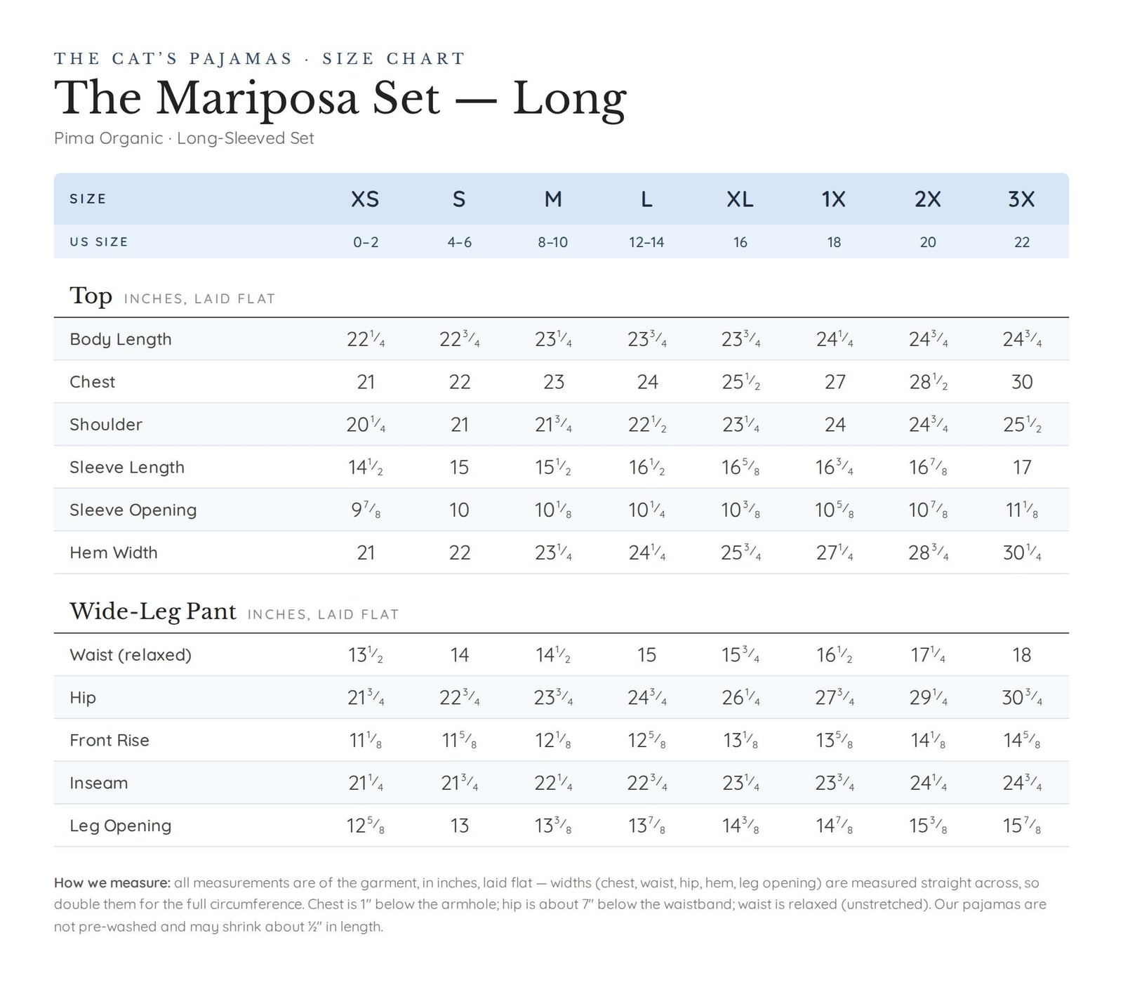 Size chart for The Mariposa Set - Mist