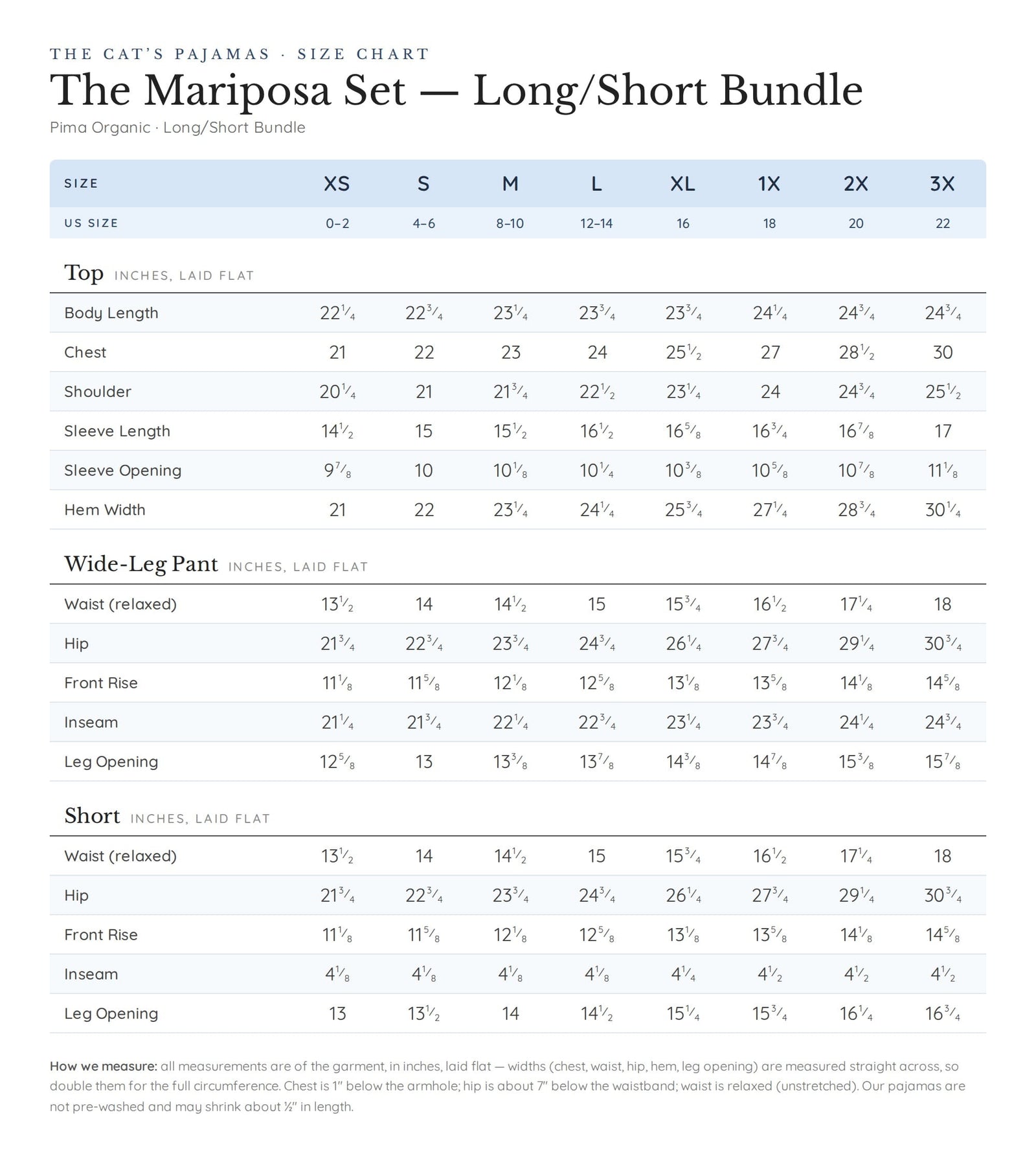 Size chart for The Mariposa Set Long/Short Bundle - Celadon