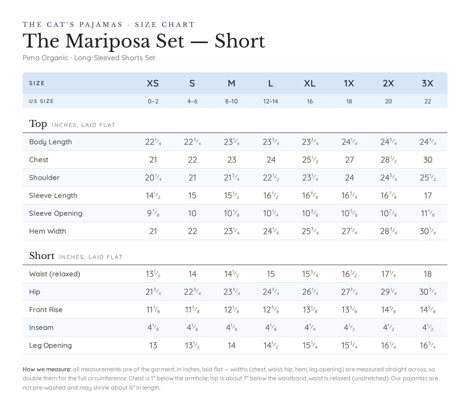 Size chart for The Mariposa Long-Sleeved Short Set - Celadon