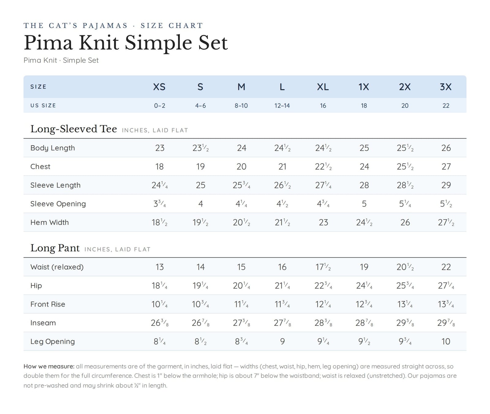 Size chart for Toucan Terrace Pima Knit Simple Set