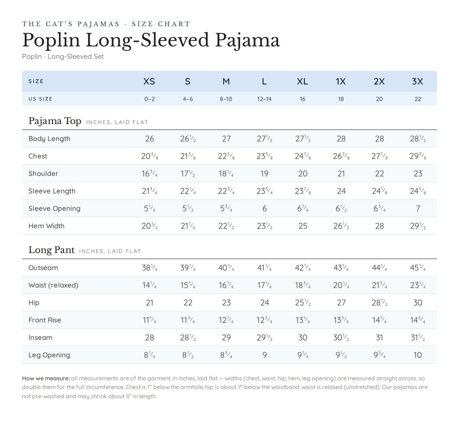 Size chart for Sushi Poplin Pajama - Wasabi