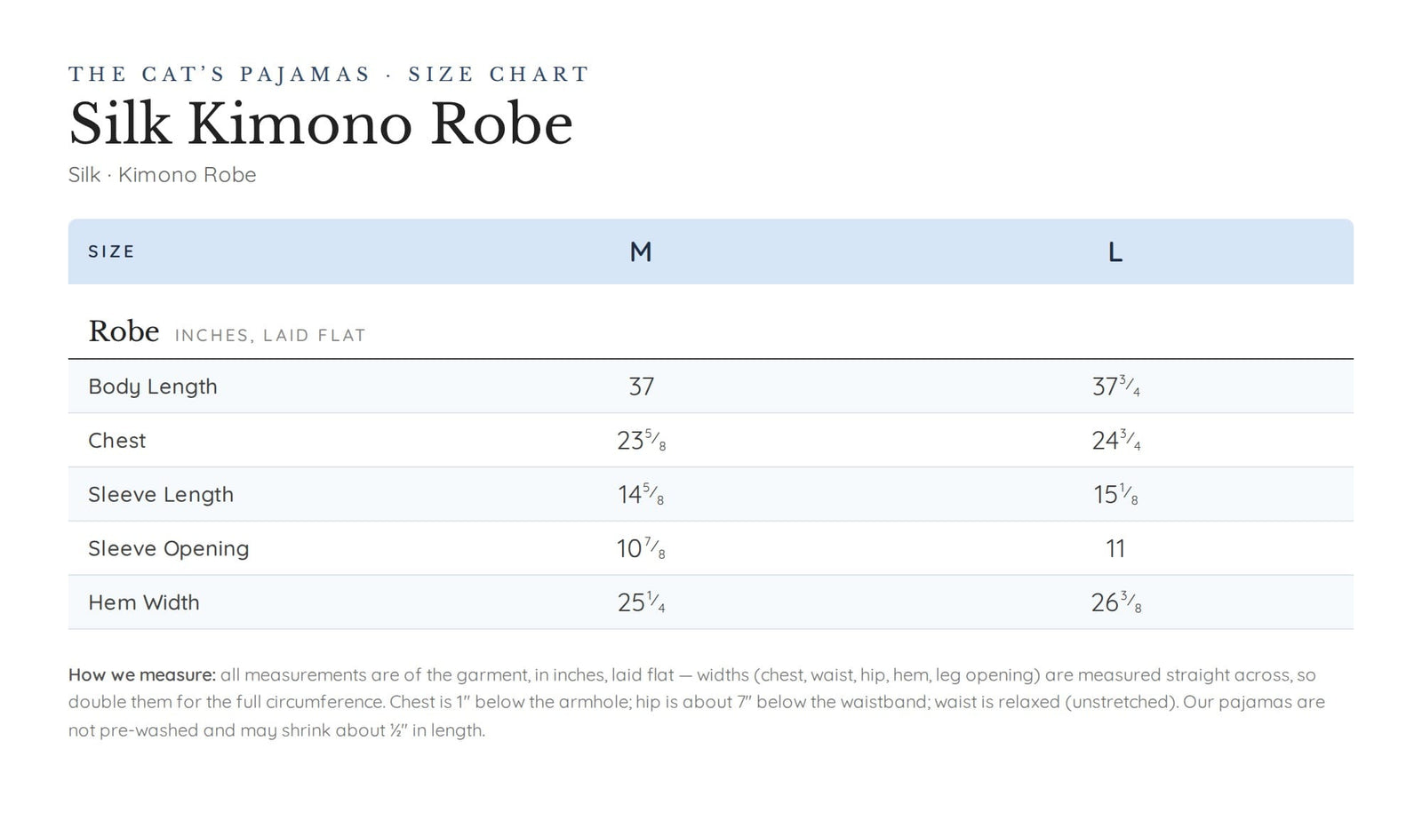 Size chart for Cascadia Silk Kimono Robe