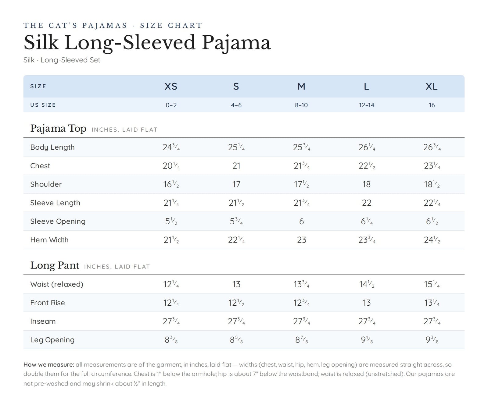 Size chart for Morning in Kyoto Long-Sleeved Silk Pajama