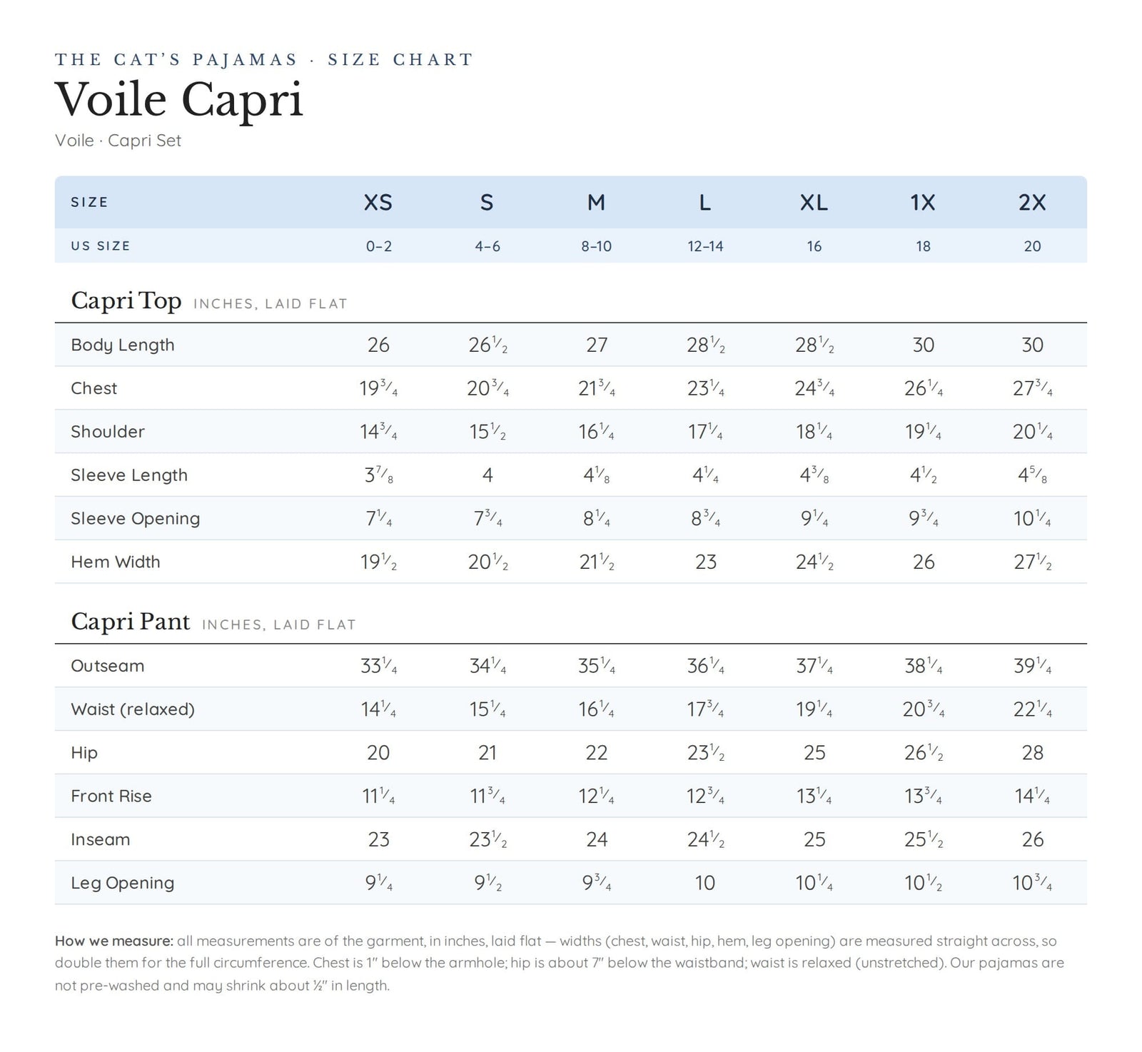 Size chart for Skyblush Garland Voile Capri