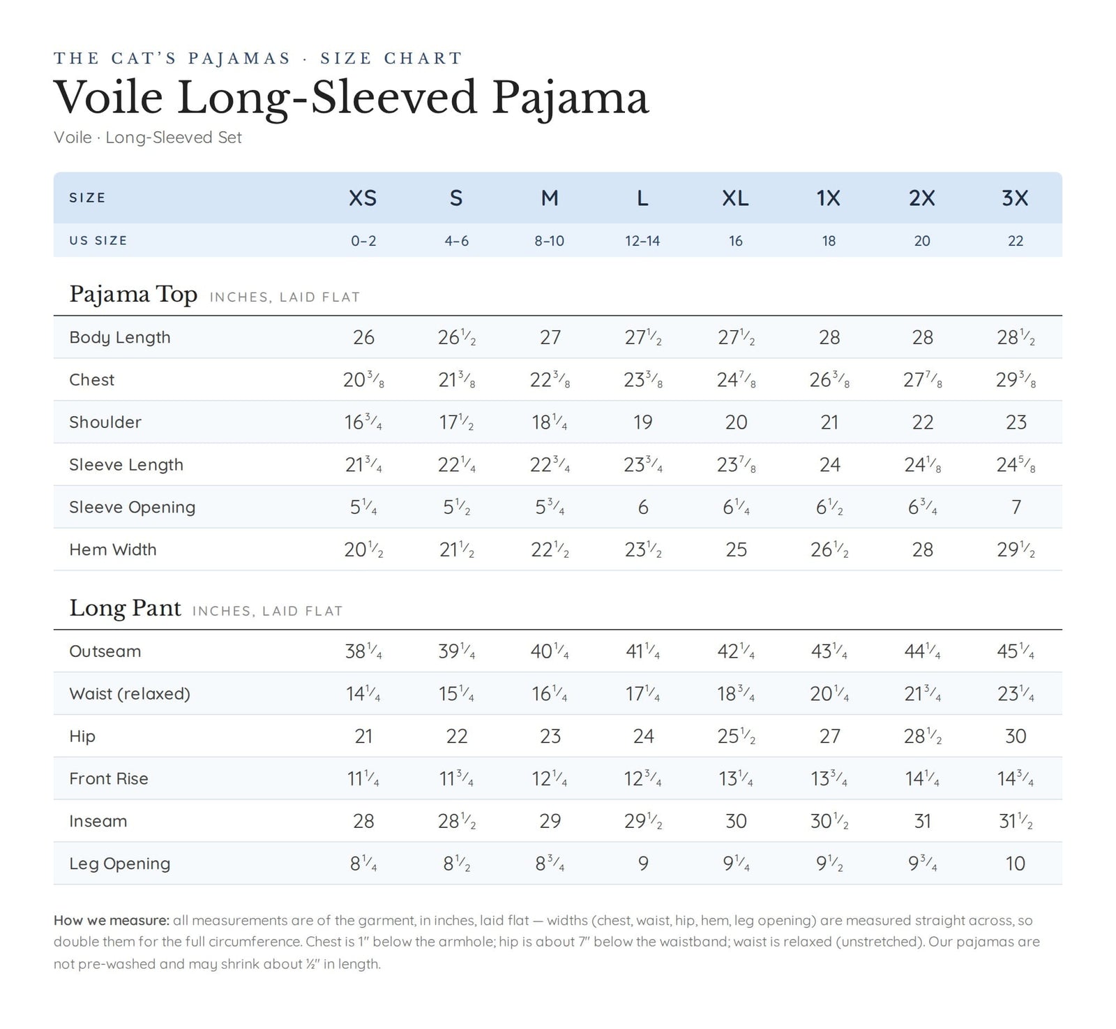 Size chart for Pippa Voile Pajama