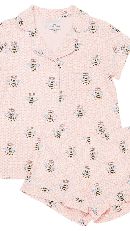 Queen Bee Pima Knit Short Set - Pink Wide Pink