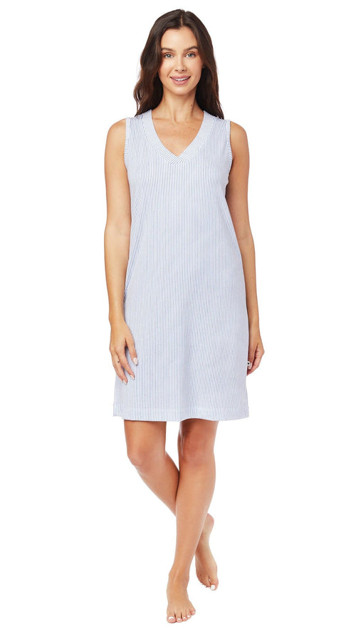 Simple Stripe Pima Knit Nightgown - Blue Main White